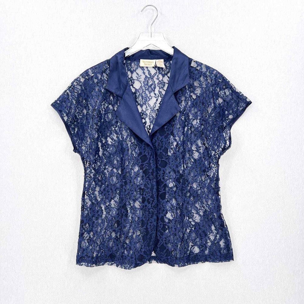 VICTORIAS SECRET Lace Button Up Top Medium Blue Vintage Gold Label Short Sleeve - Picture 2 of 14